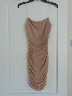 Day & Night Cream Tan Nude Ruched Mini Dress w/ Clear Straps - Women's Small
